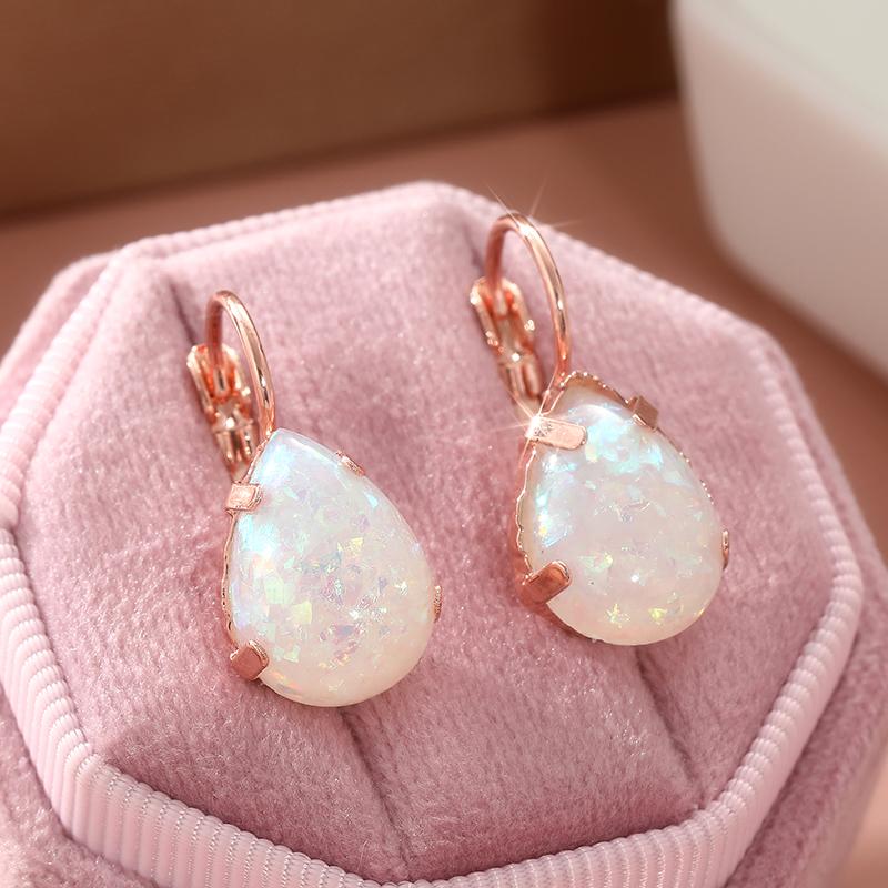 Fashion Rose Gold Color Water Droplet Inlaid Imitation Opal Dangle Earrings for Women Delicate Engagement Party Earrings