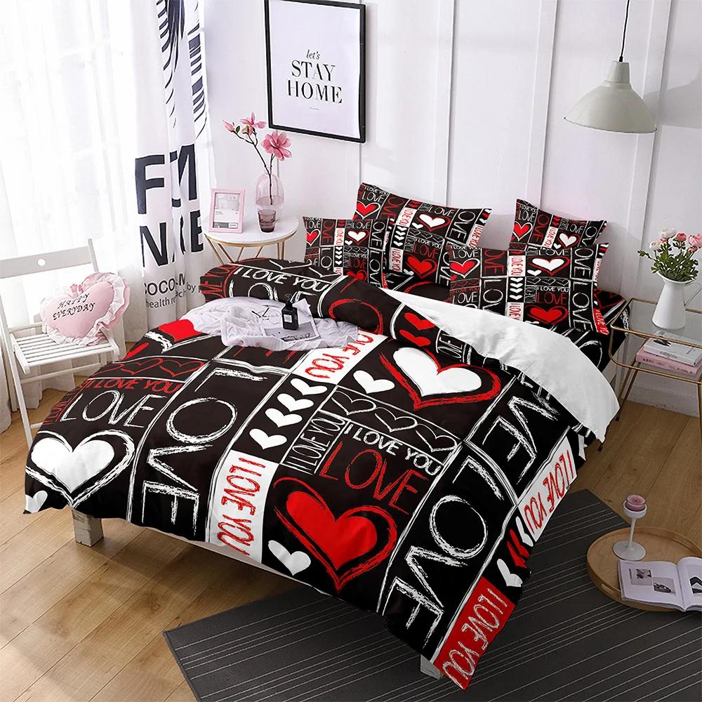 Comforter Lips Polyester Red Heart Valentine'S Day Present For Couple Wife King Queen Size Bedding Set With