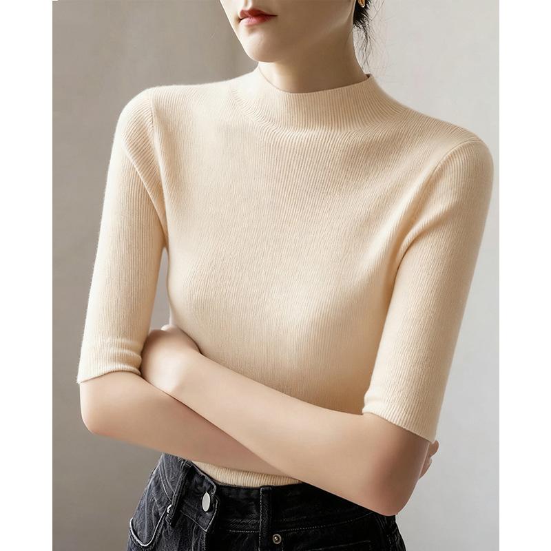 Women Mock Neck Pullover Five‑Quarter Sleeve Slim Knit Sweater Solid Color Basic Undershirt S‑3XL