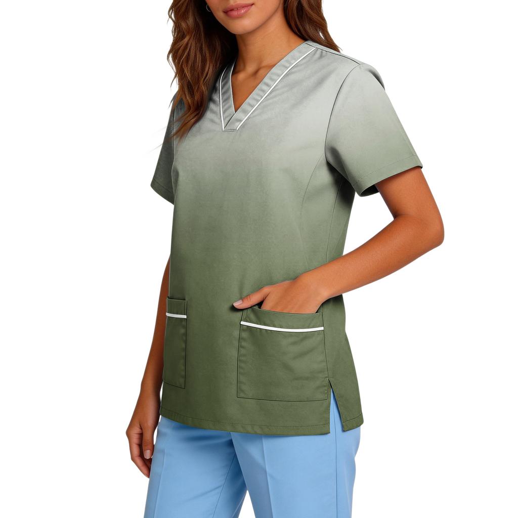 Women's Stretch Quick-Dry V-Neck Short Sleeve Workwear Top with Gradient Print & Pockets