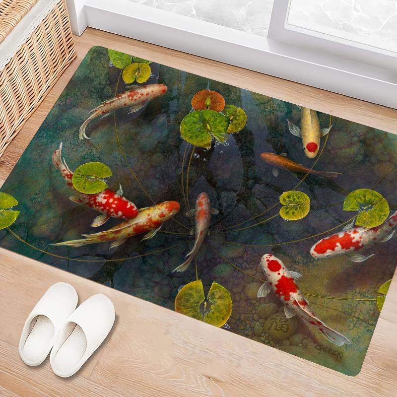 Hand-painting Style Rug Koi Fish Pattern Carpet Welcome Door Mat Living Bedroom Dining Kitchen Reading Laundry Room Home Decor