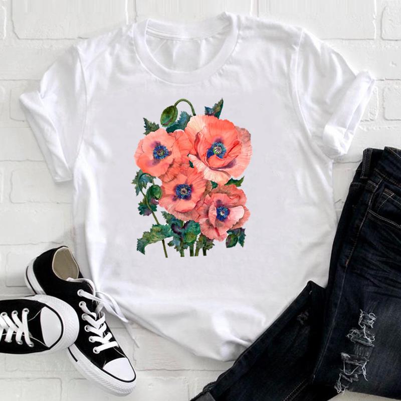 

(European Size) 90s Tee Top Fashion Flower Watercolor Lovely T Shirt Clothing Casual Short Sleeve Women Print Lady Female Graphic T-shirt 4XL