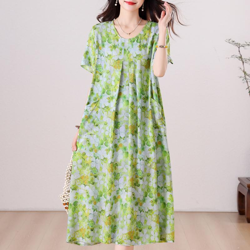 Übergröße, langes Sommerkleid mit Vintage-Druck für Damen, elegantes, kurzärmeliges, lockeres Sommerkleid in Übergröße