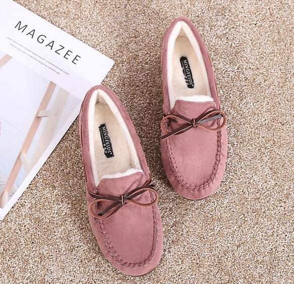 Fashion 2025 Winter Cotton Fur Moccasins Woman Furry Loafers Warm Slip On Bowtie Flats Shoes Ladies Daily Work Barefoot Mocasines Femmes
