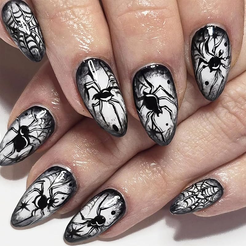 24pcs Halloween Press On Nails Short Oval Bat Fake Nails with Spider Skull Pumpkin Spider Web Designs Ghost False Nail Halloween Acrylic Nail Kit