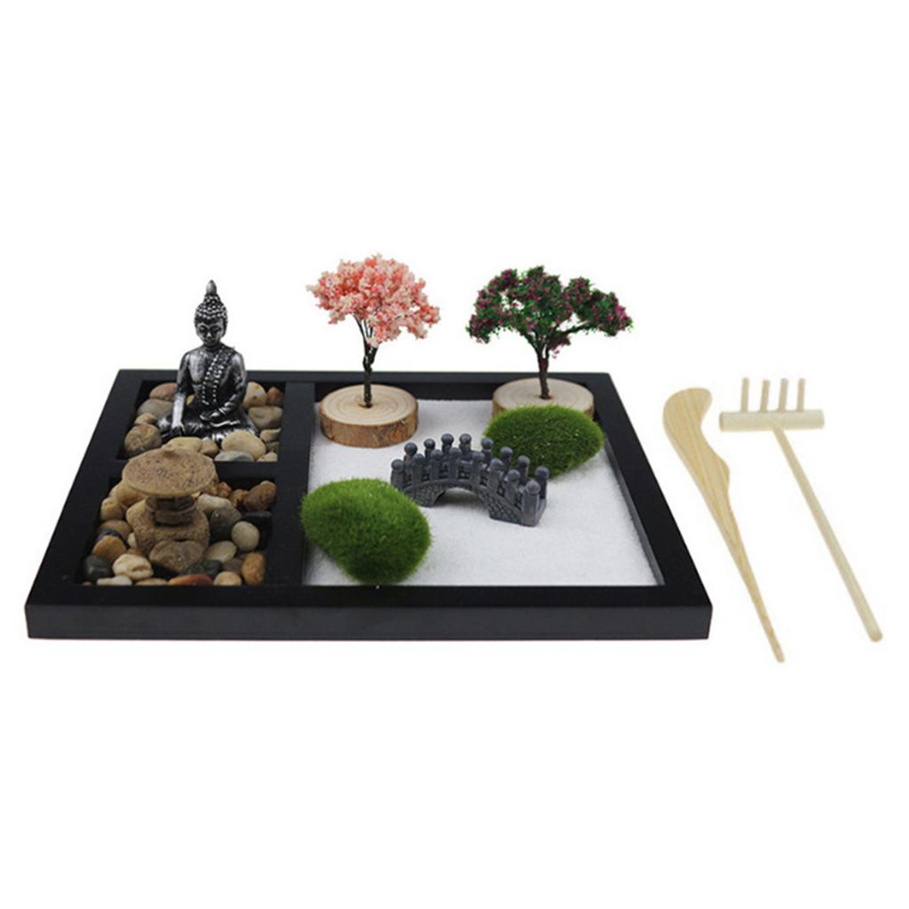 Zenes Garden Set for Desk with Rakes,Sand,Round Base,Miniature Pagoda Figure,Small Bridge Japanese Zenes Sand Garden