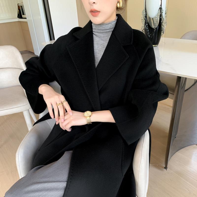 Women's High-End Double-Faced Wool Coat - New Autumn/Winter Style, Loose Mid-Length, Tie-Waist, 100% Wool Fashion Coat.