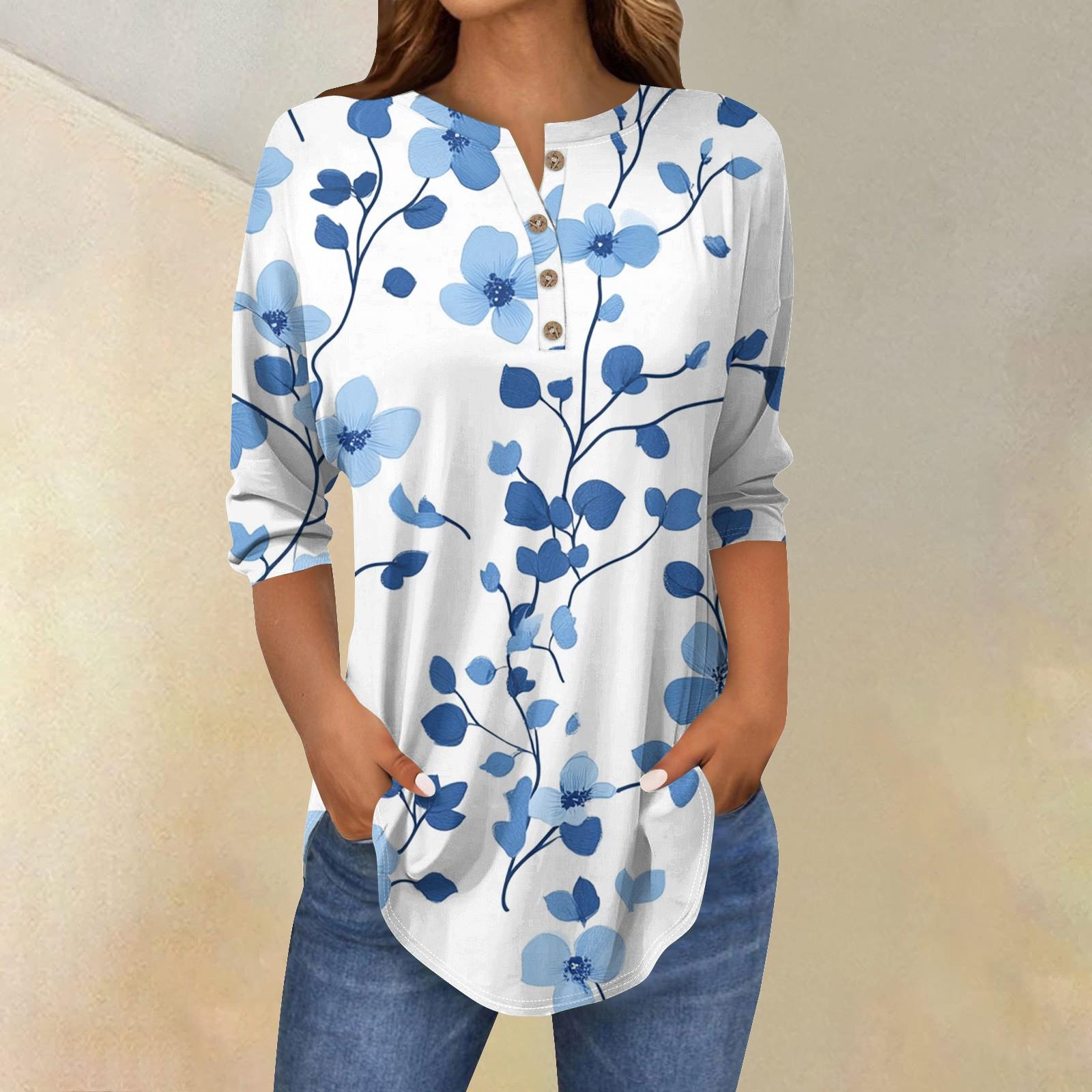 

Женская модная повседневная футболка с рукавом три четверти, цветочным принтом и круглым вырезом XL небесно-голубой