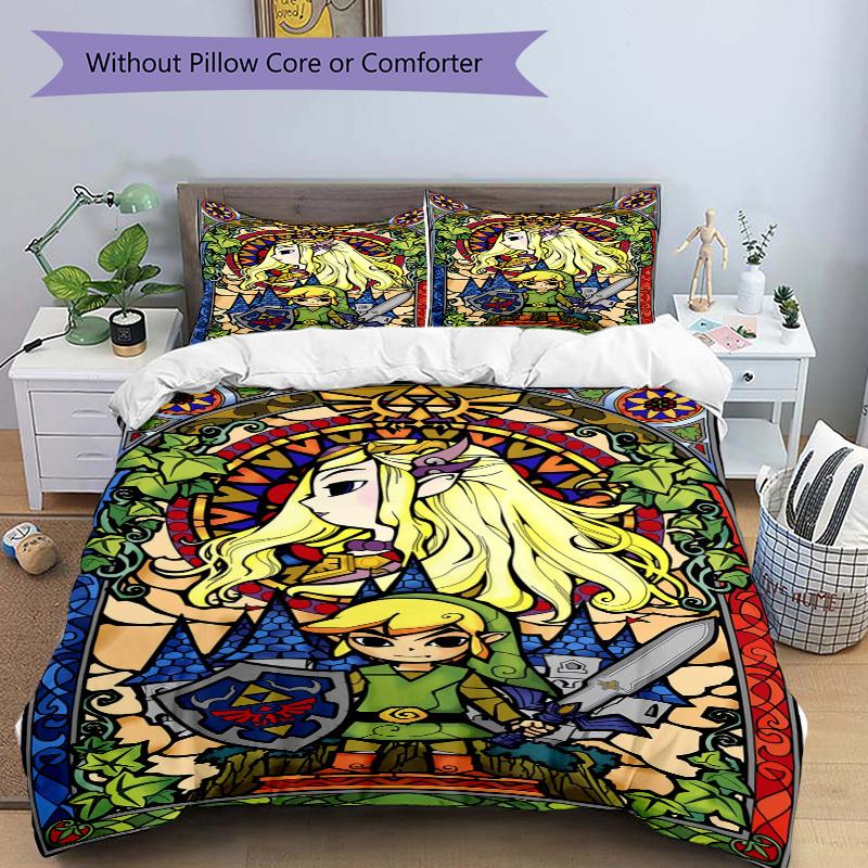 Stained Glass Zelda Link Fantasy Artwork Bedding Set Comforter Cover Gift for Bedroom,Includes 1 Cover and 2 Pillowcases, No InsertB205