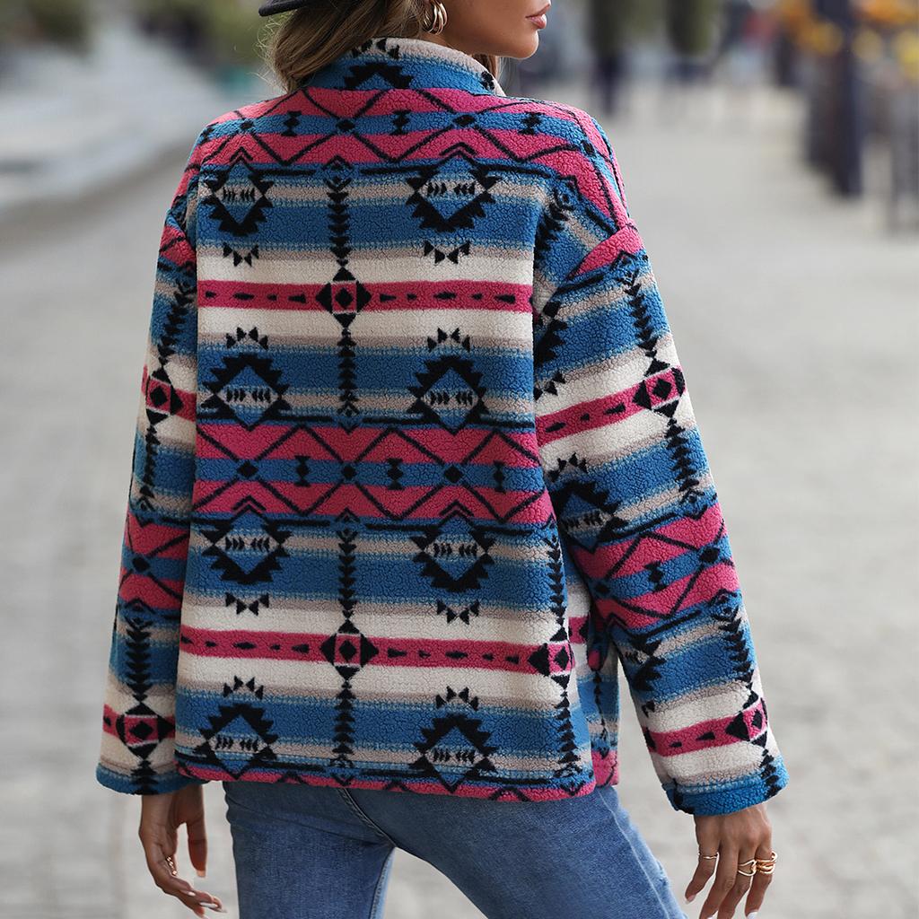 Womens Aztec Shacket Jacket Geometric Patterns Long Sleeve Button Down Fleece Short Coat for Home