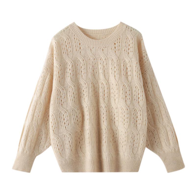 Women's Round Neck Crochet Cashmere Sweater - Soft, Warm, Fashionable Knit for Spring & Autumn