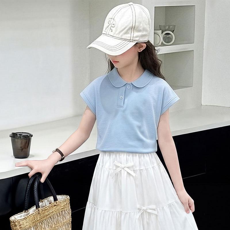 Girls  Summer Academy Style Set: Sleeveless Polo Top & Layered Bowknot Skirt 140 cm