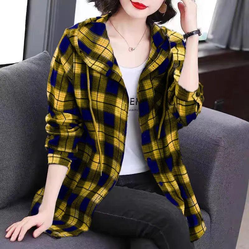 Women's Spring and Autumn 2025 New Stitched Hooded Button Lace Plaid Fashion Versatile Casual Long Sleeve Shirt