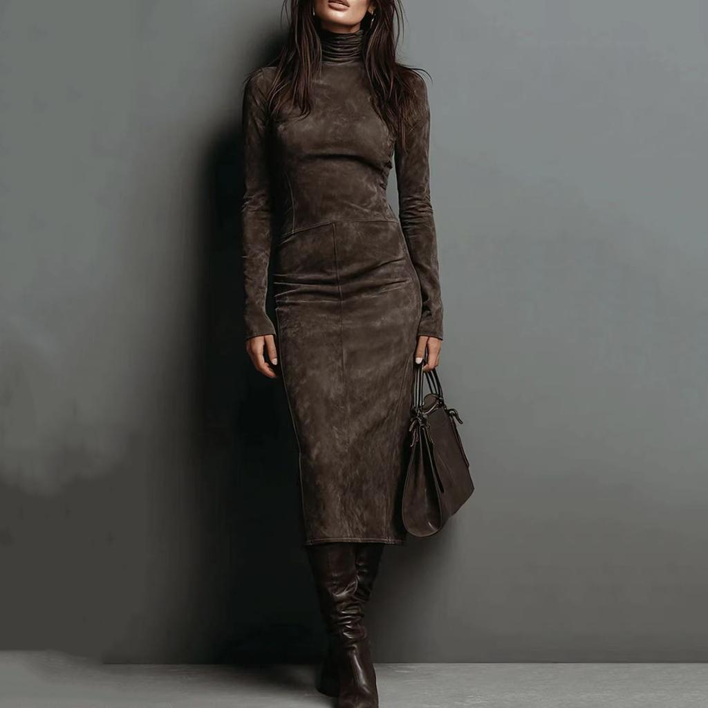Women's Pleated Velvet Super Long Dress Long Sleeve High Neck Tight Long Dress Fashion Solid Color Dress
