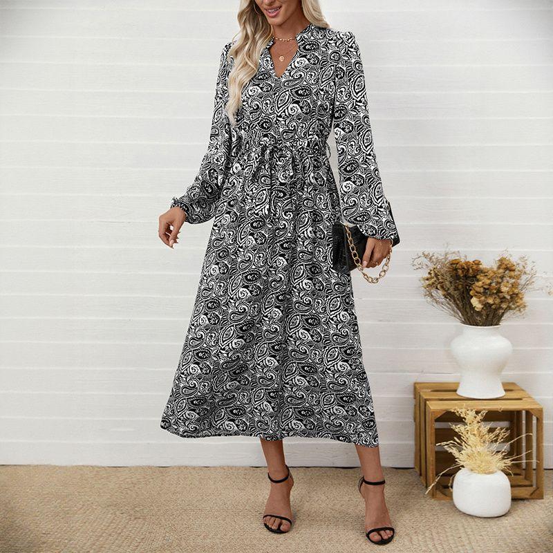 

Spring Autumn Women Dress Print Ladies Skirt Spring and Autumn Print Women s Dress Black XL