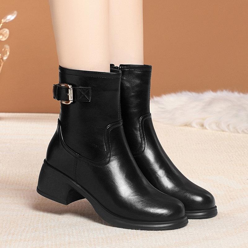 Round Head French Short Boots Women's Autumn and Winter, New Versatile Velvet Thin Boots Thick Heel Ankle Bare Boots