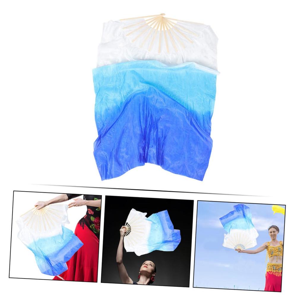 Bamboo Long Fan Veil Dance Streamer Flag Tai Chi Kung Fu Fan Stage Performance Fan Right Hand Fan Silk Fan Blue Gradient Belly Dance Cheering Goods