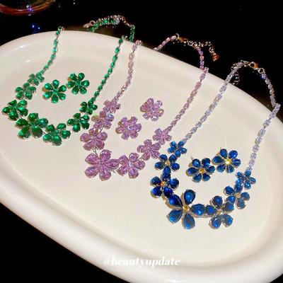 Elegant Water Drop Zircon Flower Earrings & Necklace Set – European & American Court Style Luxury Clavicle Chain for Women