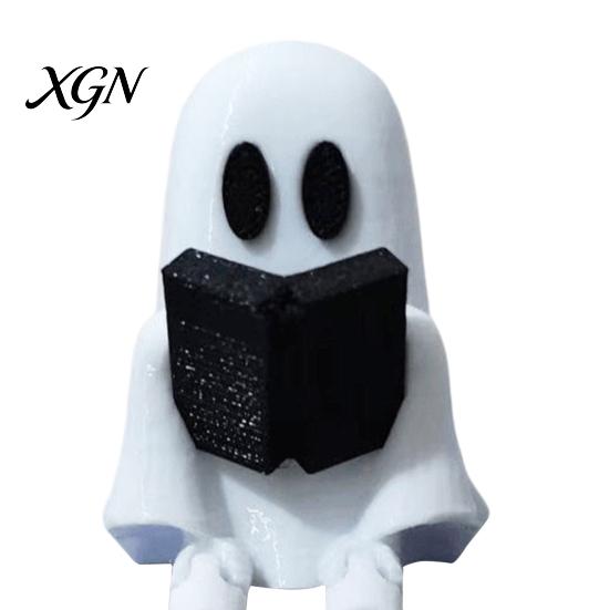Desktop Ghost Figurine Reading with Articulated Legs, 3D Printed Sitting PLA Ornament Statue, White Desk for Halloween Decoration Miniature Decor