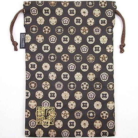 Senshishuin Nishijin Brocade Drawstring Bag with Chinese Flower Dark Large (Lined) Pattern, Brown,