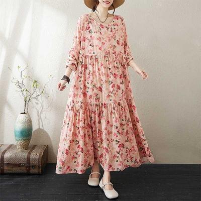 Round Neck Long Sleeve Loose Apparent Big Swing A-line Dress