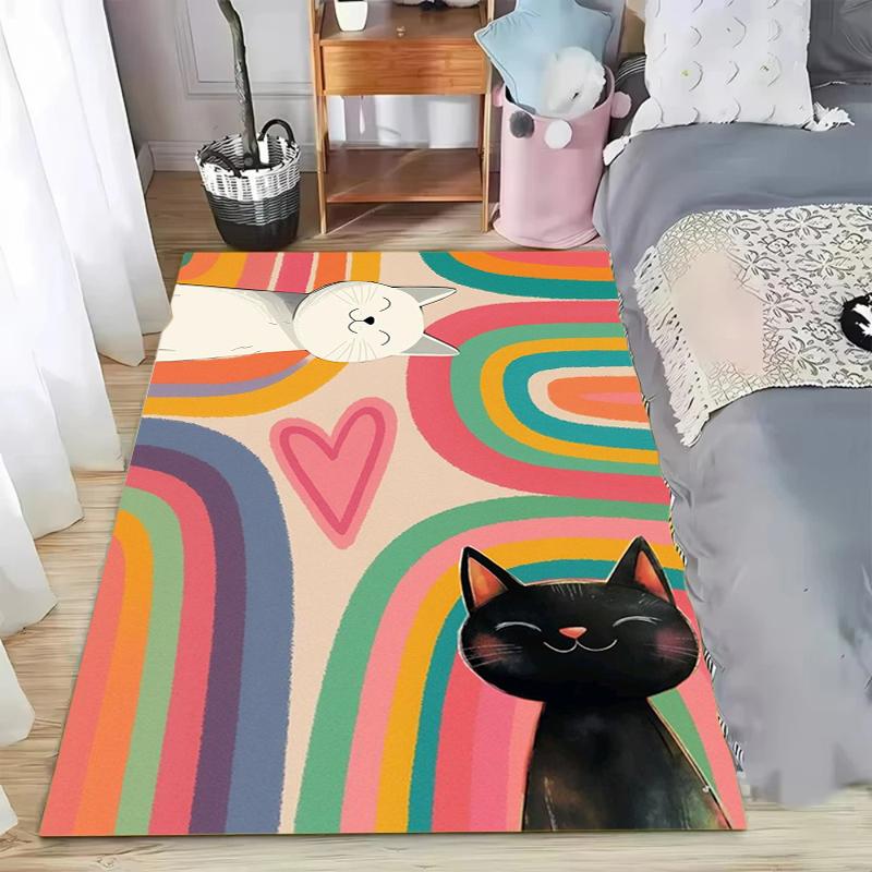 

Snuggling Black White Cats Rainbow Pattern Area Rug Warm Cartoon Style Non-Slip Floor Carpet for Living Rooms Trendy Spaces 40x60cm