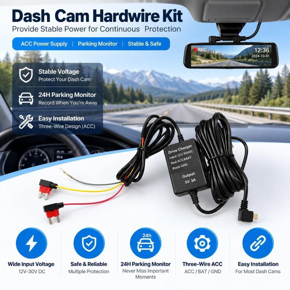 Type-C USB Port Dashcam Power Cable 12-30V Input Camera Hardwire Adapter Vehicle