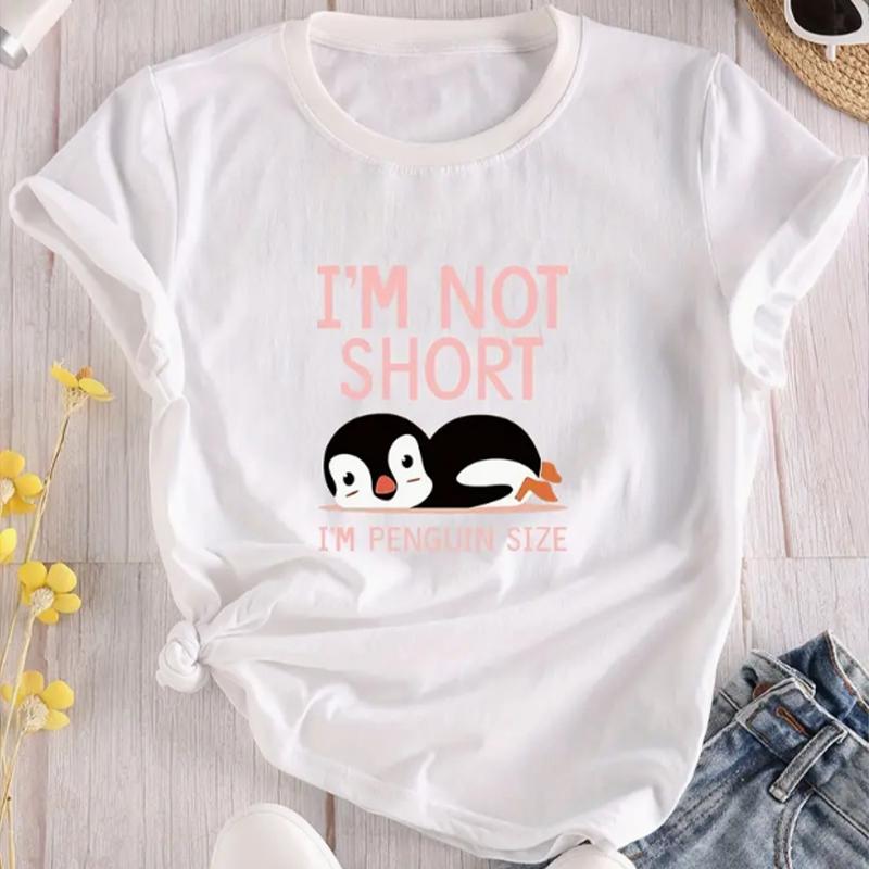 Fashion Women Cute Penguin Alphabet Print T Shirt Funny Casual O-neck Short Sleeves T-shirt Summer Female Tee Shirt