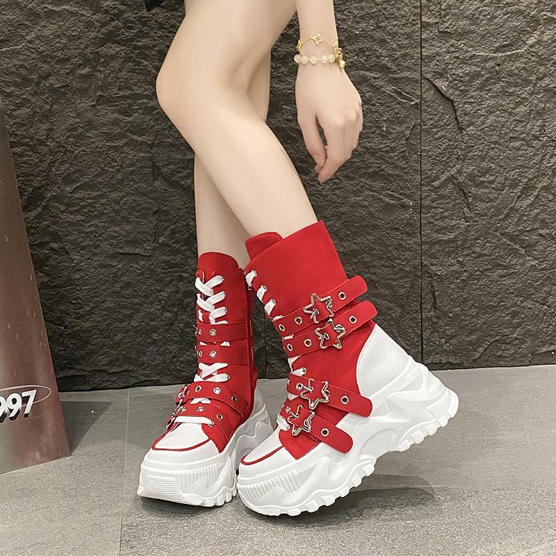 Fashion Chunky Platform Boots Women Punk Star Buckle Strap Sneakers Autumn Winter Thick Bottom Motorcycle Boot