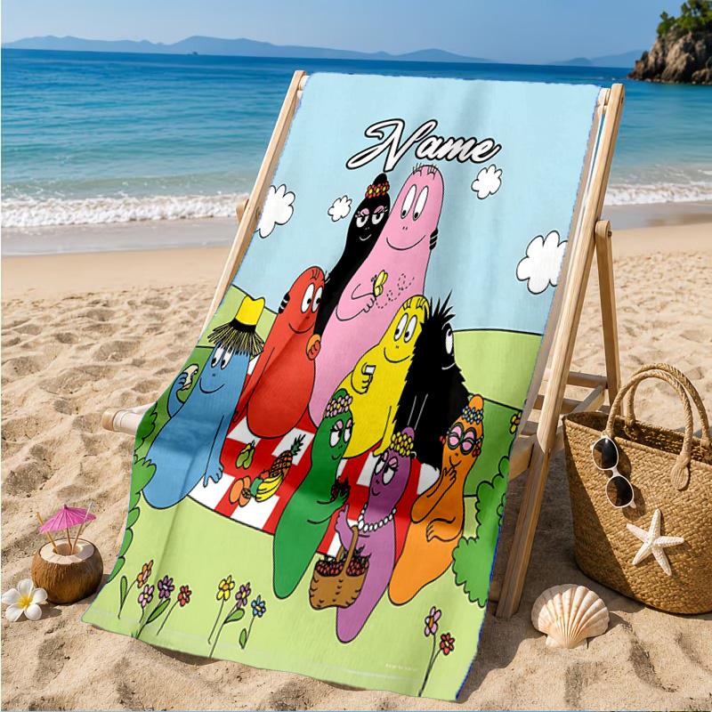 Custom Name Colorful Cartoon Barba-papa Heart In Space Adventure Microfiber Beach Towel, Lightweight for Summer Travel, Swimming Pool Fan Gift
