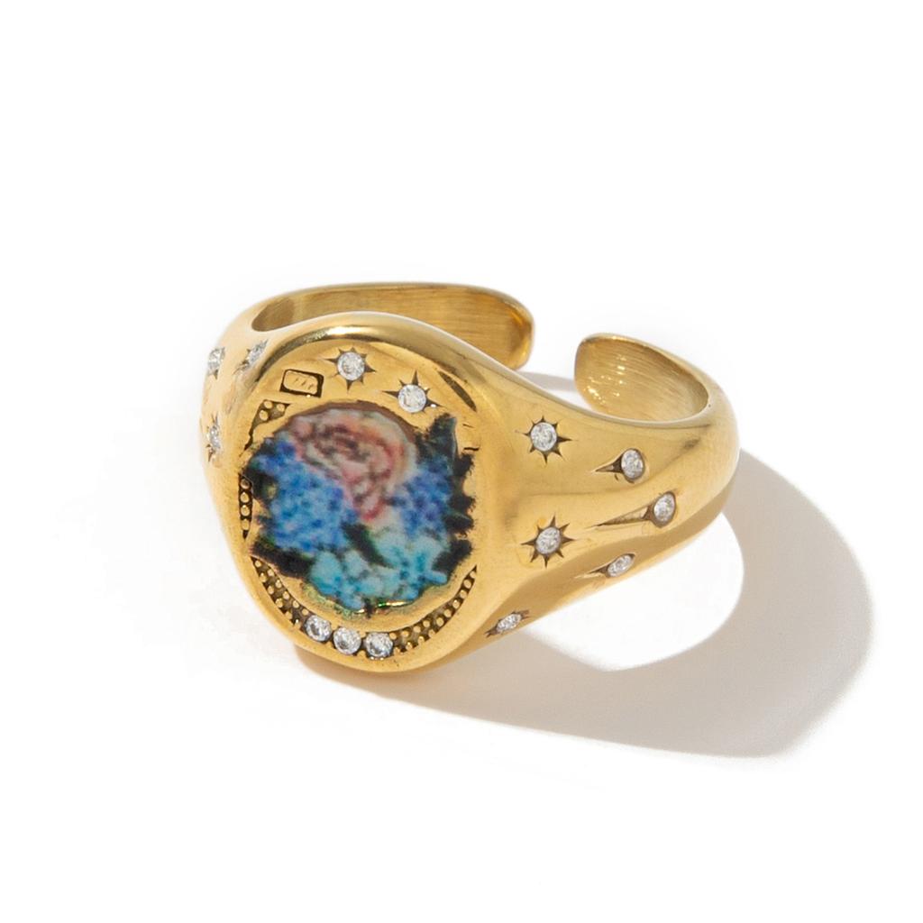 Titanium Steel Fashion Light Luxury Painted Seal Statement Ring Butterfly Love Rabbit Flower Personality Design Sense 18K