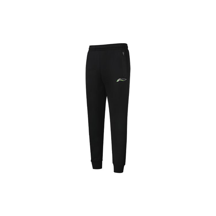Li Ning Badminton Series Solid Color Logo Print Cuffed Fleece Casual Pants Men Bottoms Black AKLS985-2