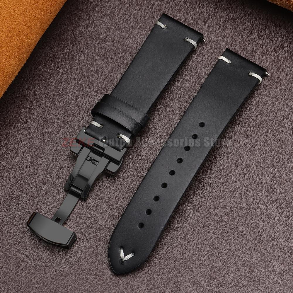Vintage Oil Wax Leather Watch Band 18mm20mm 22mm Bracelet for Seiko Butterfly Buckle Stitching Cowhide Strap for Omega Watchband
