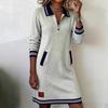 Spring Autumn Turn-Down Collar Holiday Dress Women Patchwork Long Sleeve Chic Dress Casual Zipper Fashion Ladies Dress