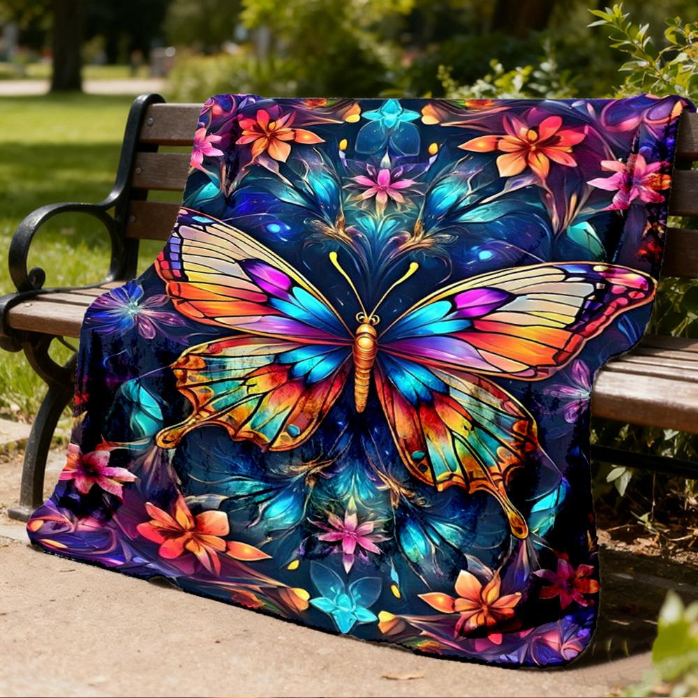 1pc Butterfly Flowers Throw Blanket Polyester Fiber, Lightweight Flannel, Soft & Warm, All Season Use for Outdoor, Camping Digital Print