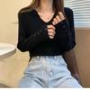 Pullocardi Ribbed Knit Sweater in Pure Long Sleeve Pullover with Button Loose Stylish Black Women's V-Neck Color, Cuffs, Fit,