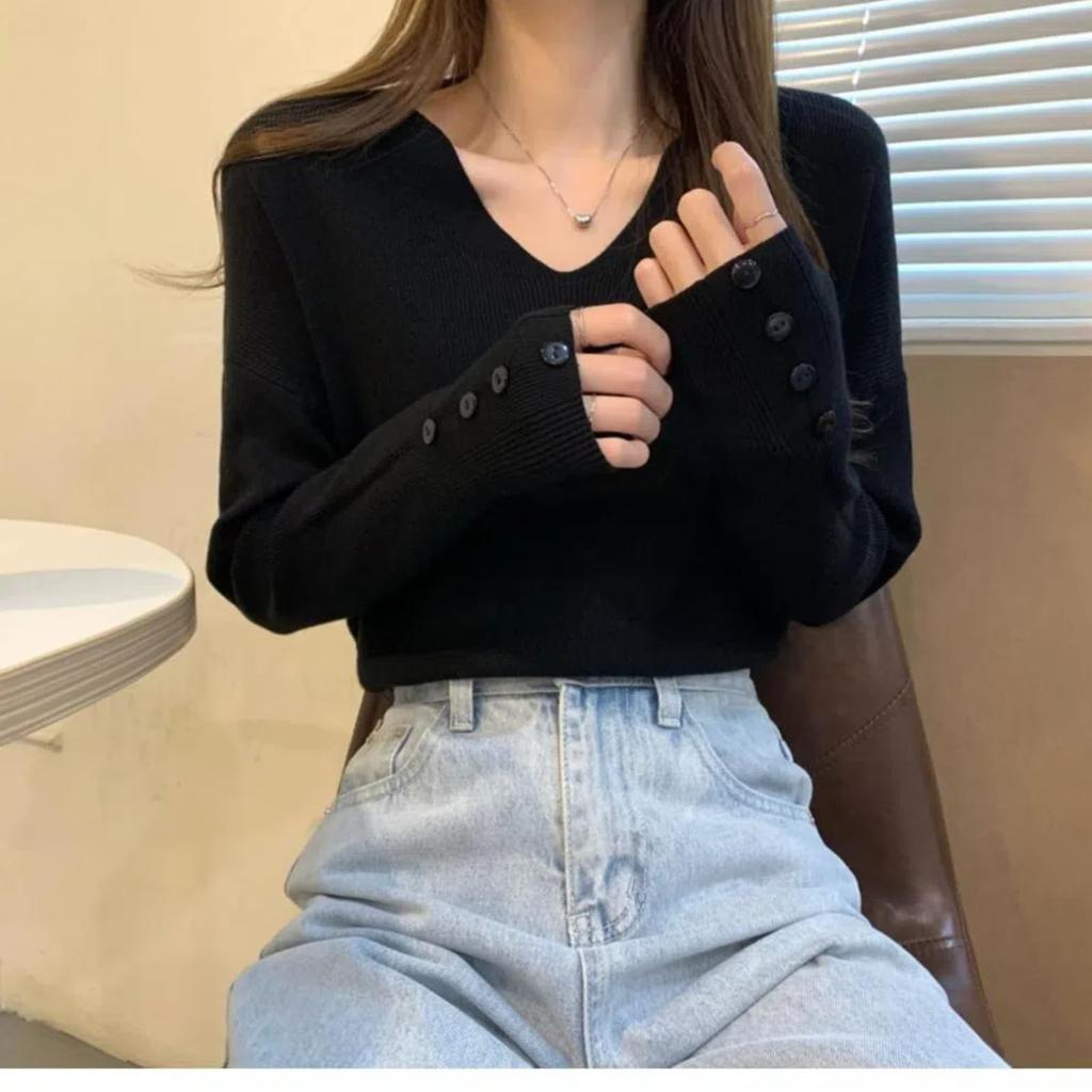 Pullocardi Ribbed Knit Sweater in Pure Long Sleeve Pullover with Button Loose Stylish Black Women's V-Neck Color, Cuffs, Fit,