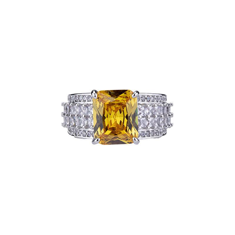 Yellow Zircon Ice Flower Cut High Carbon Diamond Square Ring Light Luxury High-End Design Temperament Ring