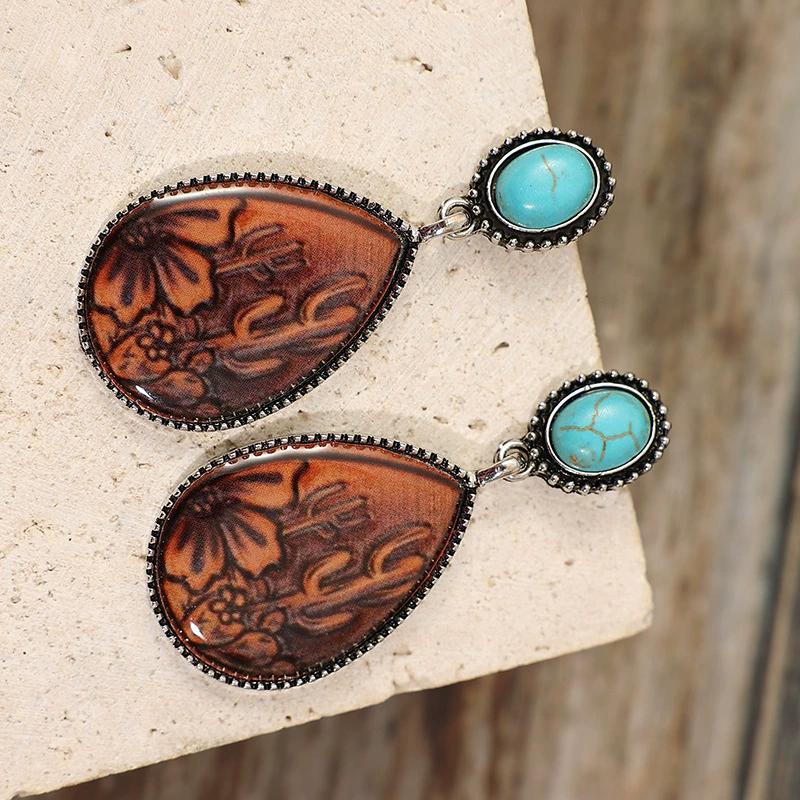 Creative Earrings - Cactus Sunflower Pattern Droplet Shape Dangle earrings Retro Western Style Ideal for Holiday Vacation gift