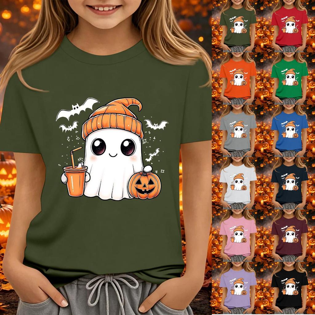 Kids Halloween Printed Short Sleeve T-Shirt Loose Fit Round Neck Casual Tee