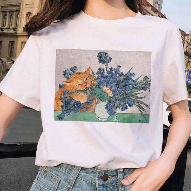 Women Clothes Summer Fashion Trendy Casual TShirt Van Gogh Cat Van Gogh Cat Art Oil Painting Printed T-Shirt Aesthetic Clothes