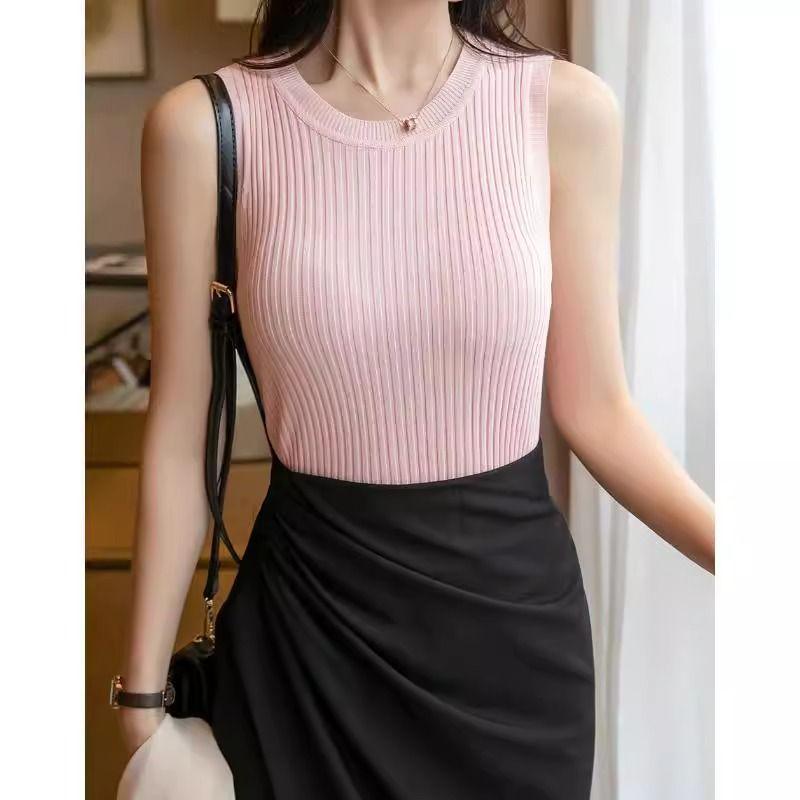 2025 Women's Versatile Ice Silk Spaghetti Strap Tank Top Sleeveless Crew Neck Undershirt
