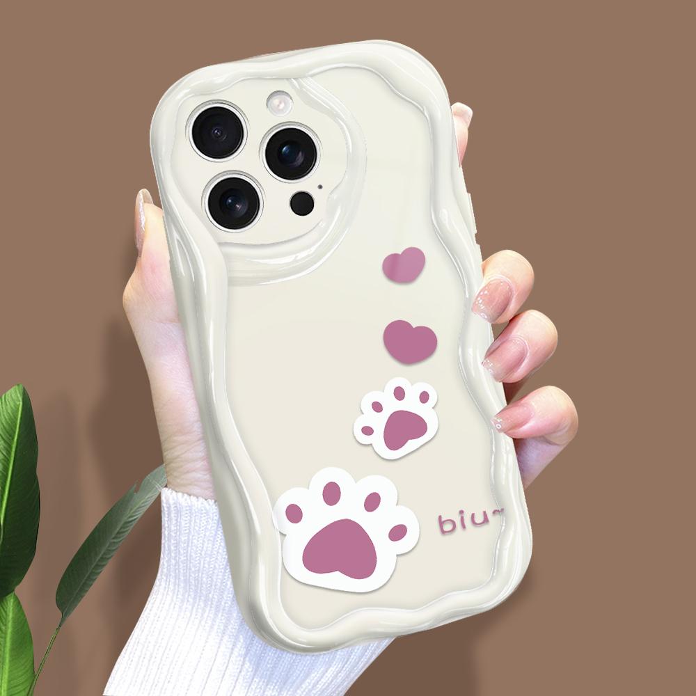 For iPhone 16 15 14 Samsung S25 S24 S23 A06 A13 A14 A15 A16 A55 Redmi 14C 13C Note 14 13 12 Dog Paw Print Soft Wavy Edge Full Lens Protect Case