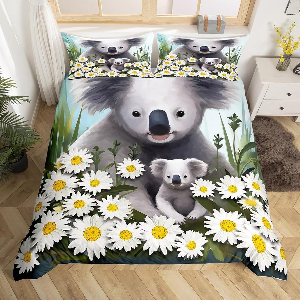 Kids Koala Duvet Cover Full Kawaii Wild Animal Bedding Set for Boys Girls,Yellow Sunflower Comforter Cover Green Leaf Bed Cover