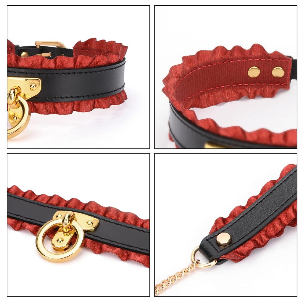 choker collar with training set Women's leash, SM, human, sexy, equipment, leather, cosplay, black, red, 2-piece