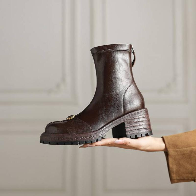 Autumn and Winter Platform Martin Boots Leather Large Size Women's Boots Rear Zipper Middle Heel Round Head Medium Boots Sheepskin Women's Leath