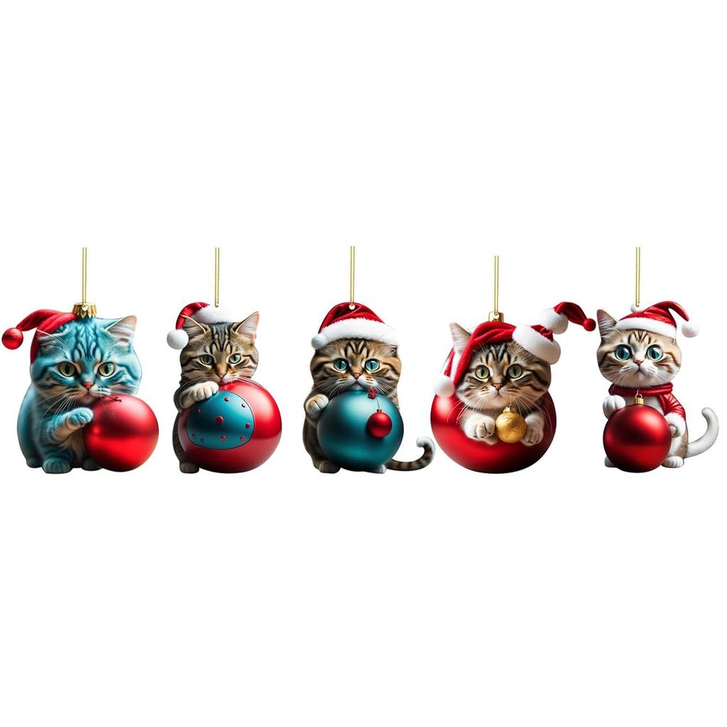 Packung mit 10 2D Acryl Weihnachts-Katzen Hängedekoration Lustiger Weihnachts-Katzen Schmuck Lustige Weihnachtsanhänger Dekoration