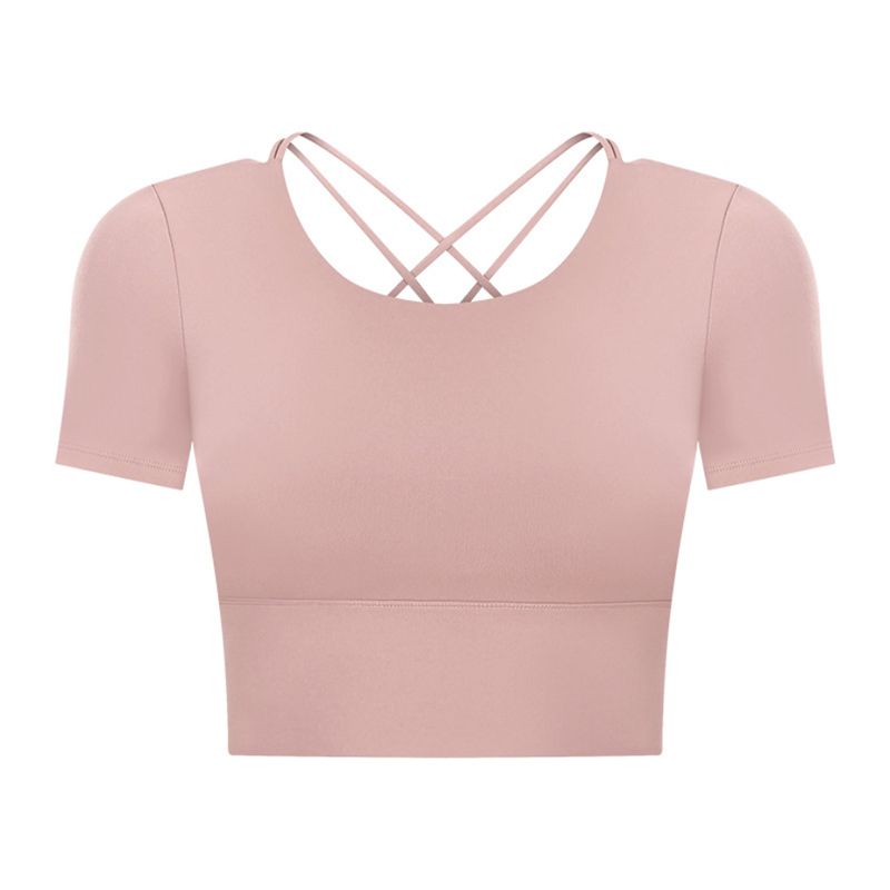 Original Open Back Yoga Jacket Short Sleeve Tight Sports T-shirt with Chest Pad Women's Quick-Drying Running Fitness Clothes Summer