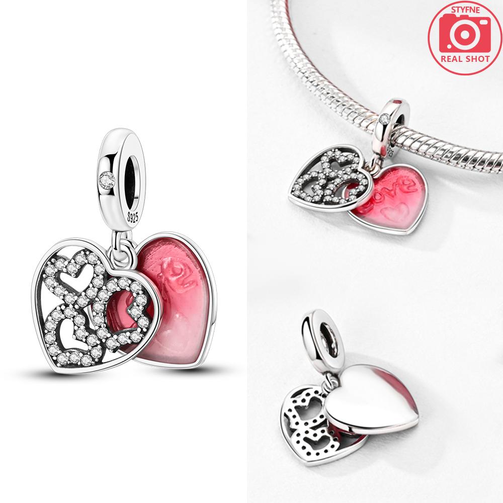 Rose Gold Pink Zircon Love Heart Beads Fit Bracelet Charms Copper Original Jewelry Women Diy Accessories