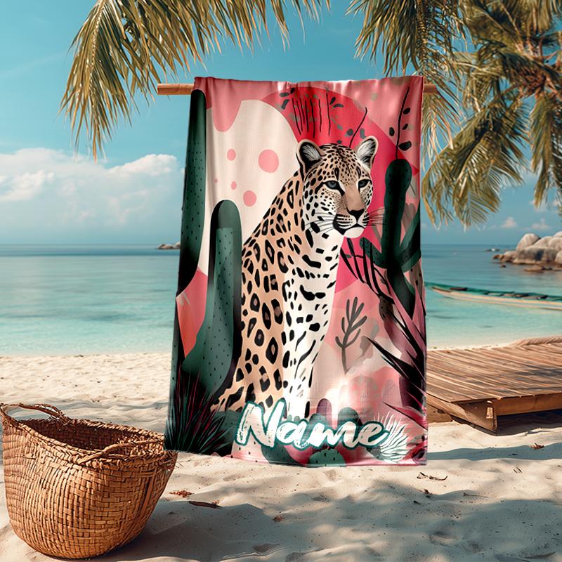 Custom Name Ultra-Soft Beach Towel with Leopard Theme,Ideal for Pool - Camping, Diving - Perfect Travel Essential, Vibrant Beach Towel.